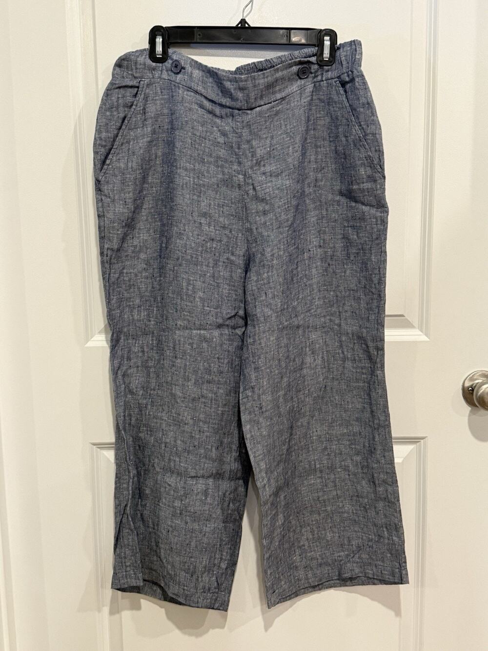 Soft Surroundings Sz Medium 100% Linen Wide Leg Pull On Pants Chambray Blue